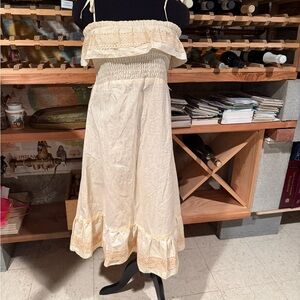 Vintage Cream Strapless Maxi Dress with Ruffle Details